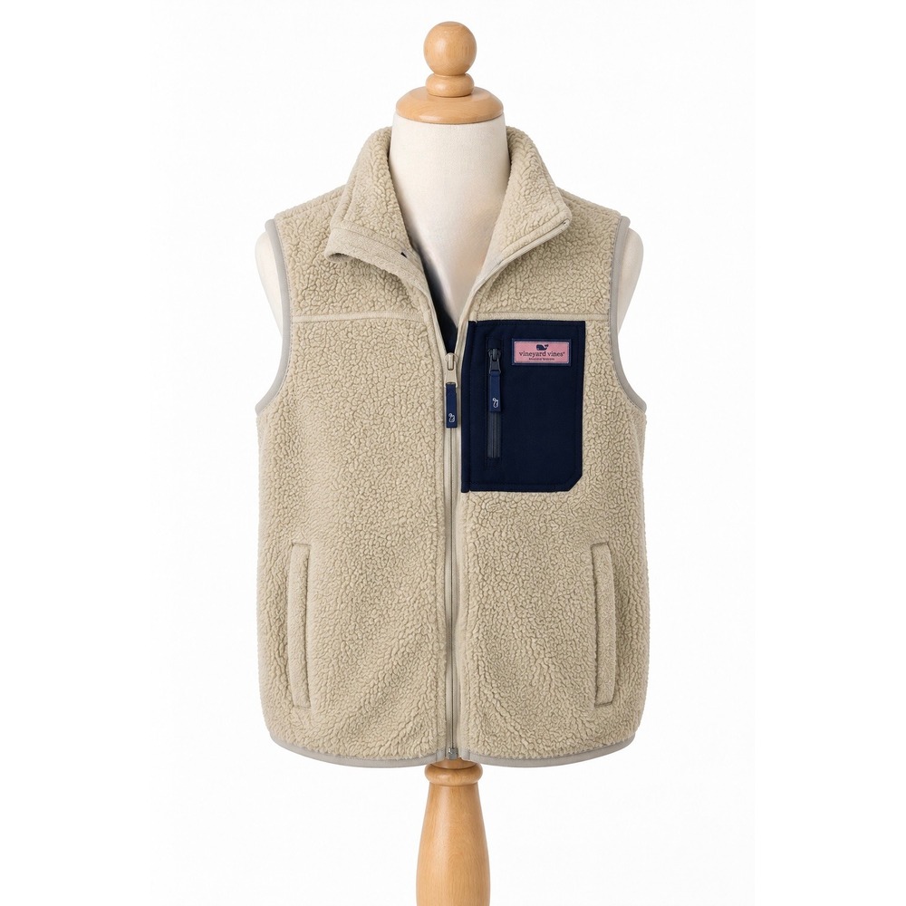 Vineyard Vines Boys Stillwater Sherpa Fleece Vest Tan Navy Preppy Zip Up Sz L 16